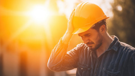 A construction worker in an orange hard hat looks stressed as he holds his head in sunlight. This image captures the emotional challenges faced in the construction industry.の素材
