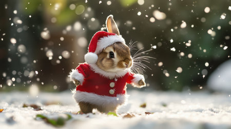 A cute rabbit dressed in a Santa costume joyfully celebrates Christmas in a snowy landscape, surrounded by soft sunlight and falling snowflakes.の素材