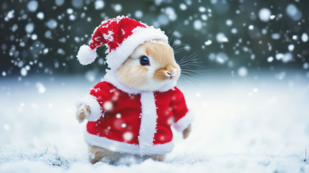 A charming bunny dressed in a Santa outfit stands in a snowy landscape, surrounded by falling snowflakes. This festive image captures the joy of winter and Christmas.の素材