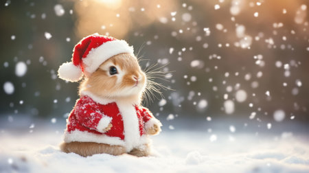 An adorable bunny dressed in a Santa costume stands amidst falling snowflakes, capturing the essence of winter and holiday joy. Perfect for seasonal themes.の素材