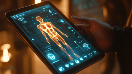 A futuristic tablet showcases a holographic representation of human anatomy, highlighting body structures in a medical and educational context. Ideal for healthcare themes.の素材