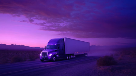 A truck navigates through a serene desert landscape at nighttime, illuminated by a stunning purple sky. This image captures the essence of travel and freedom.の素材
