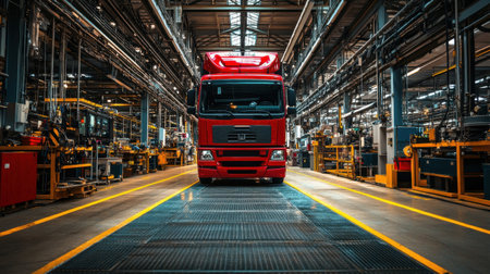 A vibrant red truck stands prominently in a spacious industrial warehouse filled with machinery and equipment, emphasizing transportation and logistics.の素材