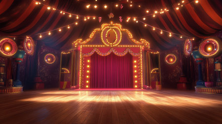 A vibrant circus stage adorned with bright lights and a deep red curtain. The inviting scene creates a playful atmosphere for performances and events.の素材