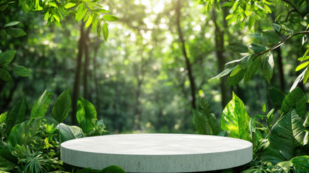 A serene forest scene featuring a stone platform surrounded by lush green leaves and vibrant plants, perfect for creative presentations and nature-themed visuals.の素材