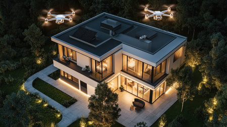 A stunning aerial view of a modern house at night, featuring two drones flying above. The house is surrounded by lush greenery and glowing lights, showcasing contemporary design and technology.の素材
