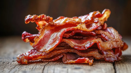 A tantalizing close-up of crispy bacon strips artfully stacked on a rustic wooden surface, highlighting their rich color and savory texture, perfect for food enthusiasts.の素材
