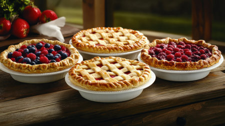A delightful display of freshly baked fruit pies featuring vibrant berries on a rustic wooden table, perfect for summer gatherings or celebrations.の素材