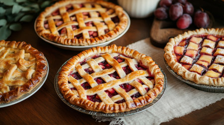 A cozy display of three delicious fruit pies showcasing golden crusts with vibrant fillings, perfect for summer gatherings or family events. Ideal for baking enthusiasts.の素材
