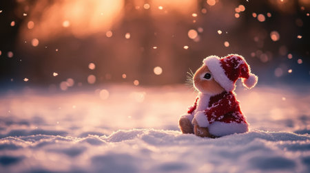 This adorable bunny, dressed in a Santa hat, sits peacefully in the snow as gentle snowflakes fall around it, creating a magical winter scene perfect for holiday themes.の素材