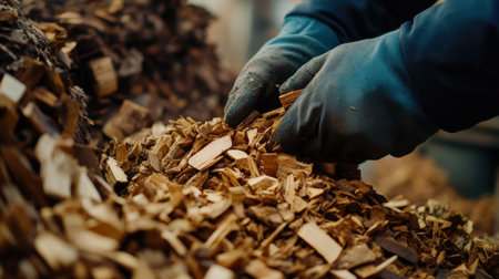 Close-up of hands in gloves carefully sorting through fine wood chips and sawdust, showcasing the process of sustainable woodworking and craftsmanship.の素材