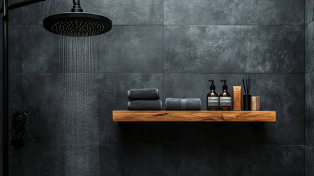 A modern minimalist bathroom scene featuring a sleek showerhead, elegant gray tiles, and wooden shelves adorned with grooming essentials for a luxurious, refreshing experience.の素材