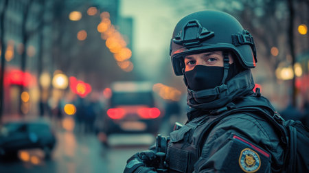 A tactical officer stands poised on an urban street during dusk, showcasing preparedness and vigilance in a city environment, with soft lights in the background.の素材