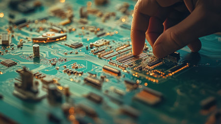 An intimate view of a hand inspecting a circuit board filled with microchips, showcasing intricate details of electronics and precision in technology.の素材