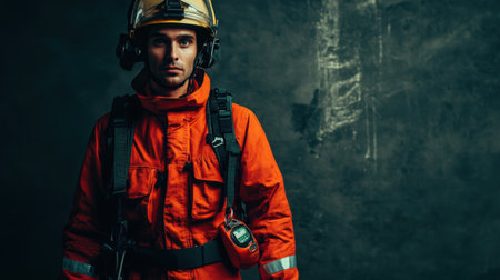 Portrait of a serious firefighter in bright safety gear against a dark background. The image captures the essence of courage, professionalism, and dedication in emergency response.の素材