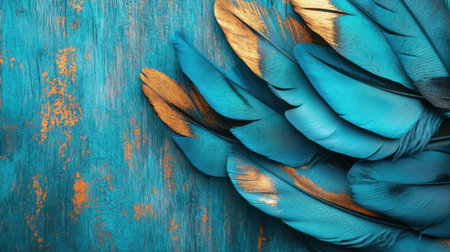Stunning close-up image of vibrant blue feathers accented with gold. Set against a rustic wooden background, this artwork exudes natural beauty and elegance.の素材