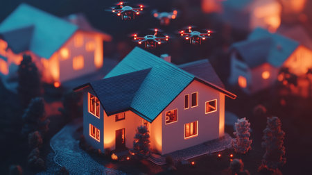 A serene night scene featuring drones hovering above a cozy illuminated home, surrounded by trees, showcasing a blend of technology and comfort in a suburban setting.の素材
