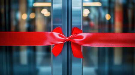 A close-up of a red ribbon bow tied on a glass door, symbolizing celebration and grand openings. The vibrant color adds a festive touch to modern architecture.の素材
