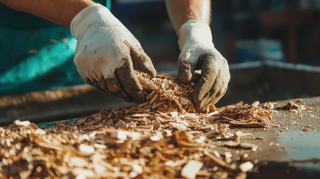 Close-up of a woodworker's hands sorting through wood chips and shavings in a workshop. The scene highlights the craftsmanship and manual labor involved in woodworking.の素材