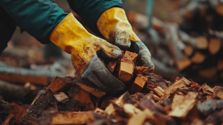 A close-up of hands wearing yellow gloves skillfully stacking firewood in an outdoor setting. The rustic environment showcases the beauty of nature and labor.の素材