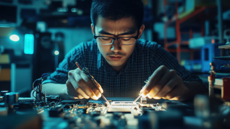 A young technician meticulously works on an electronic circuit board in a dimly lit workshop, showcasing precision and skill with soldering tools and components.の素材