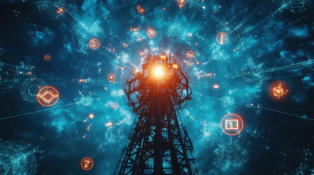 A stunning tower emitting vibrant energy amidst a sea of digital icons and bright hues. This image embodies innovation in technology and communication.の素材