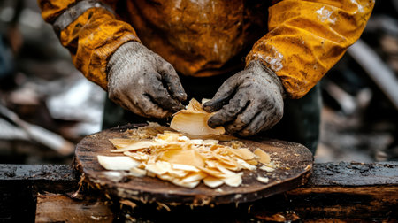 Close-up view of hands carefully peeling shavings from wood, showcasing craftsmanship and attention to detail in a rustic outdoor setting.の素材