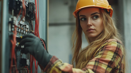 A focused young woman electrician works diligently on a circuit board, showcasing her skills in a professional industrial setting while wearing safety gear.の素材