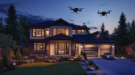 A stunning modern house illuminated at dusk, showcasing its architectural beauty. Drones hover above the garden, adding a touch of technology to the serene setting.の素材