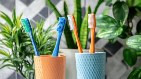 This image features colorful toothbrushes in stylish holders placed near lush green plants, depicting a modern bathroom setup that emphasizes hygiene and vibrant decor.の素材