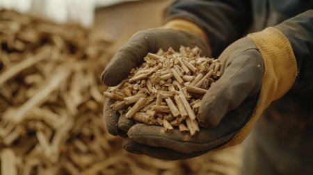 A person holds a handful of wood chips wearing protective gloves, showcasing the texture of the organic material. This image highlights sustainable practices in wood processing.の素材