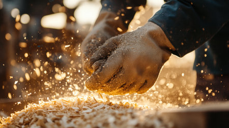 A close-up view of hands expertly working with wood in a workshop, creating fine sawdust. The scene captures the essence of craftsmanship, skill, and dedication.の素材