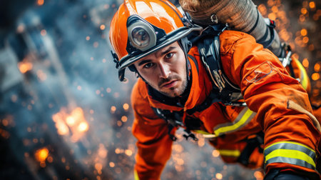 A determined firefighter ascends through swirling smoke and flames, embodying courage and dedication in the face of danger during a rescue operation.の素材