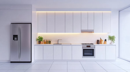 This modern minimalist kitchen showcases sleek white cabinetry, stainless steel appliances, and stylish decor, creating a bright and inviting home atmosphere.の素材