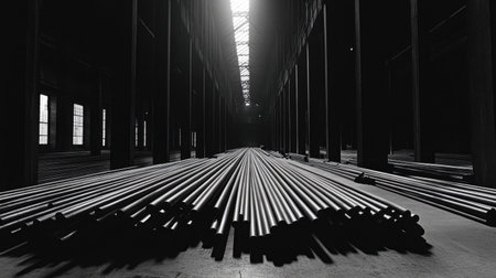 This striking black and white photograph captures steel pipes arranged in an empty warehouse, showcasing industrial architecture and elegant light play.の素材