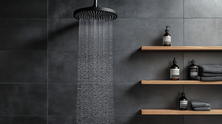 A sleek black showerhead releases a stream of water in a stylish bathroom. Modern shelves display grooming products, enhancing the serene atmosphere.の素材