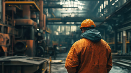 A worker in orange safety gear stands in an empty industrial warehouse, observing the machinery and equipment around him. The atmosphere is dramatic with low lighting.の素材