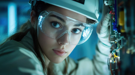 A focused female engineer inspects electrical equipment in a modern laboratory setting, showcasing safety features like goggles and gloves while working meticulously on the machinery.の素材