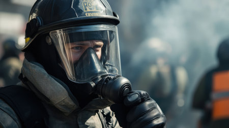 A firefighter in a gas mask and protective gear navigates a smoky environment, showcasing dedication and readiness for challenging rescue operations amid danger.の素材