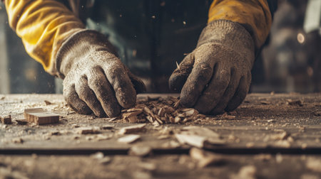 A close-up view of a skilled craftsman hands working on wood shavings in a workshop. The scene captures the dedication and detail involved in woodworking.の素材