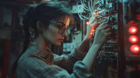 A young woman intensely focuses on repairing an electrical circuit in a dimly lit environment, showcasing her dedication to technology and innovation.の素材