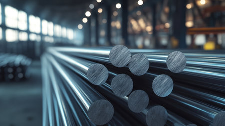 Close-up view of stacked steel rods in an industrial warehouse setting. The image highlights the metallic texture and shine, showcasing a heavy-duty environment suitable for construction and manufacturing.の素材