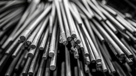 This close-up image features a cluster of metallic rods and bars, showcasing their intricate texture and linear arrangement. Ideal for industrial themes.の素材