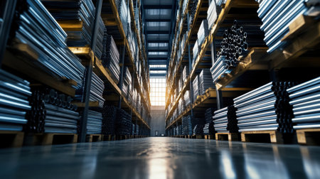 A detailed view of an industrial warehouse showcasing organized shelves filled with steel pipes. Natural light pours in, illuminating the space, highlighting efficiency and structure.の素材