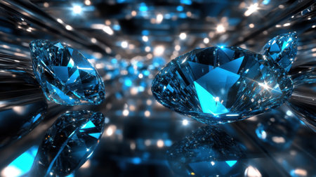 A stunning visual of blue diamonds shimmering against a reflective background, capturing light in an elegant abstract setting, rich with color and vibrancy.の素材