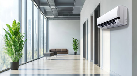 This image features a modern office interior, showcasing an air conditioner and vibrant indoor plants. The bright, spacious environment promotes comfort and productivity.の素材