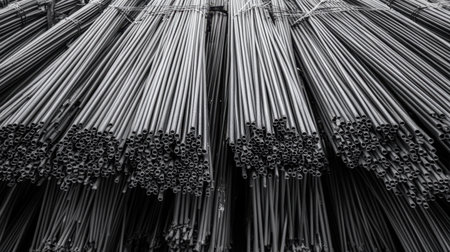 A monochrome image showcasing neatly stacked metal tubes, highlighting their cylindrical shapes and industrial context, perfect for construction and manufacturing themes.の素材