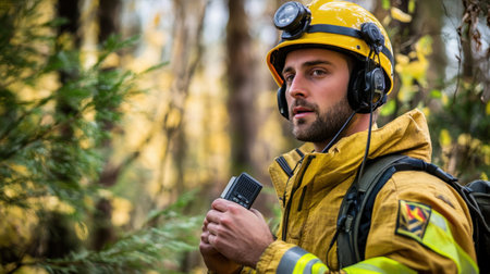 A focused firefighter in yellow gear stands in a serene forest, holding a radio. This image symbolizes bravery and dedication to safety during emergencies.の素材