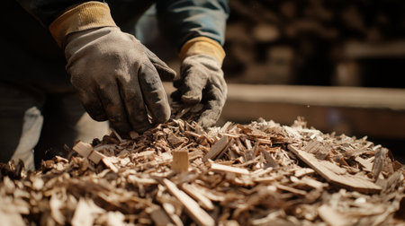 A skilled worker carefully arranges wood shavings in a workshop, showcasing the intricate details of craftsmanship. The image highlights the dedication to woodworking.の素材
