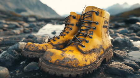 Detailed view of yellow rubber boots covered in mud on rocky terrain, showcasing their rugged design and utility for outdoor adventures in nature.の素材